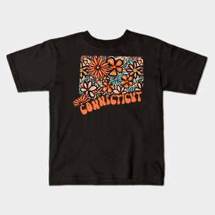 Connecticut State Design | Artist Designed Illustration Featuring Connecticut State Outline Filled With Retro Flowers with Retro Hand-Lettering Kids T-Shirt